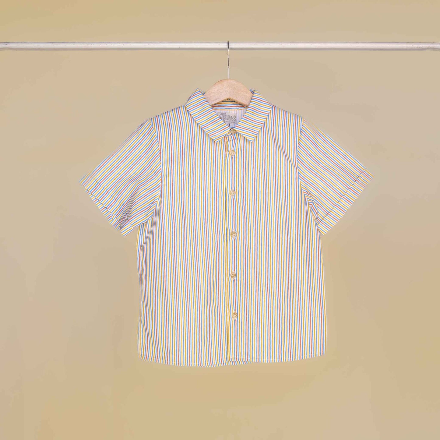 Camicia classica con collo a punta mezza manica bambino tessuto a righe sottili multicolor vista anteriore