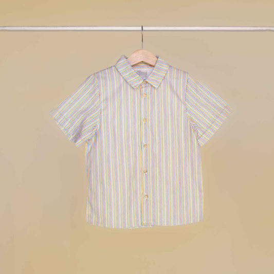 Camicia classica con collo a punta mezza manica bambino tessuto a righe sottili multicolor vista anteriore