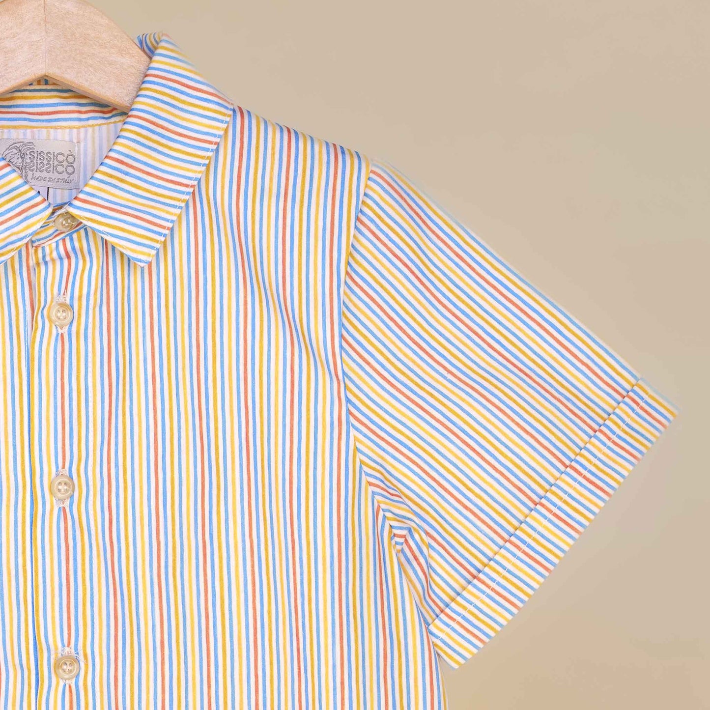 Camicia classica con collo a punta mezza manica bambino tessuto a righe sottili multicolor vista particolare